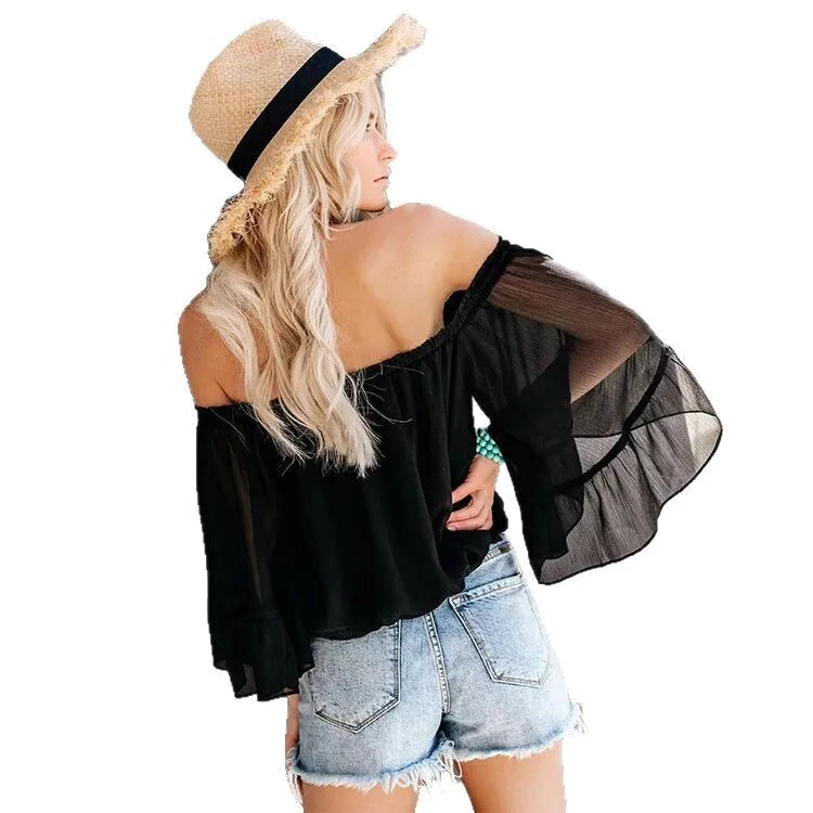 25 Fashion Sexy New One-Shoulder Loose Bell Sleeve Chiffon Blouse Women's Top Sheer 0337