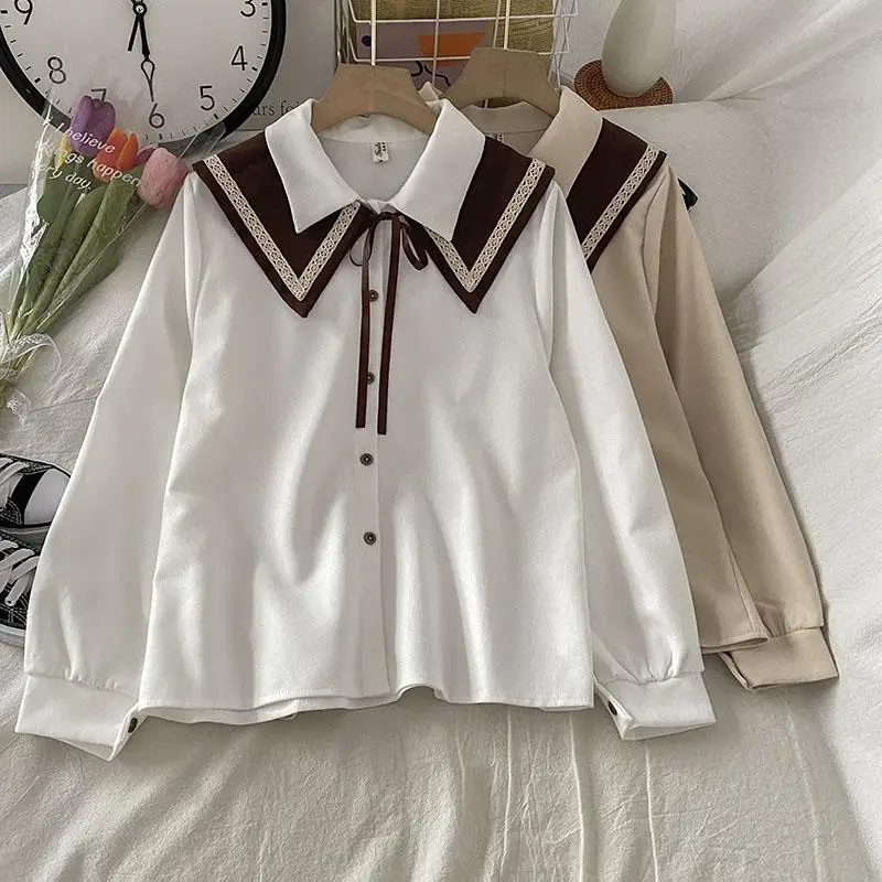 5 Colors Long-sleeved Shirts Women Cute Double-layer Collar Shirt Chic Teens Lace-up Design Sweet College Autumn Vintage Tops