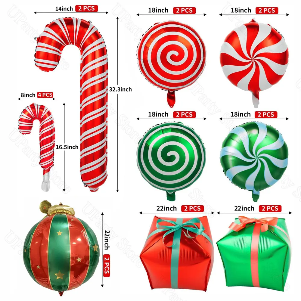 16/20Pcs Christmas Foil Balloons Jingle Bell Red Green Lollipop 4D Gift Box Candy Cane Balloons for Birthday Candyland Christmas