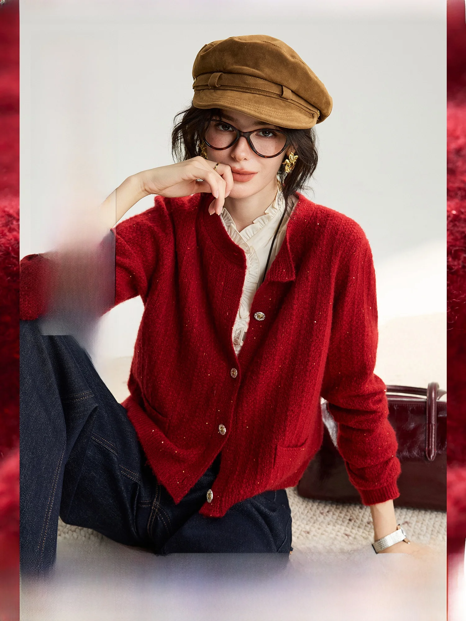 

Winnie Sparkling Knitted Silk Camere Casual Knitwear Ele Small Fraance Open Cardigan Long Sve round Ne Top for W...