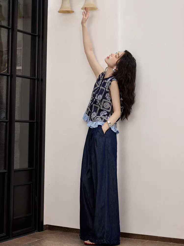 

Deep Blue Casual Wide Leg Straight Jeans Women's Spring Summer New Sle Wooden Ear Design Classic Blue Denim Pants