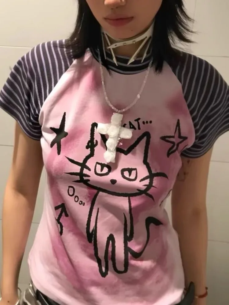 QWEEK-Camisetas de manga curta feminina, listradas Harajuku, camisetas gráficas dos desenhos animados kawaii, estampa de gatinho, estilo japonês Y2K, vintage