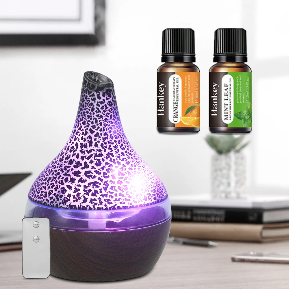 Conjunto de 2 aceites esenciales, difusor USB de 300ml, humidificador ultrasónico de aromaterapia con control remoto y luces ambientales de 7 colores