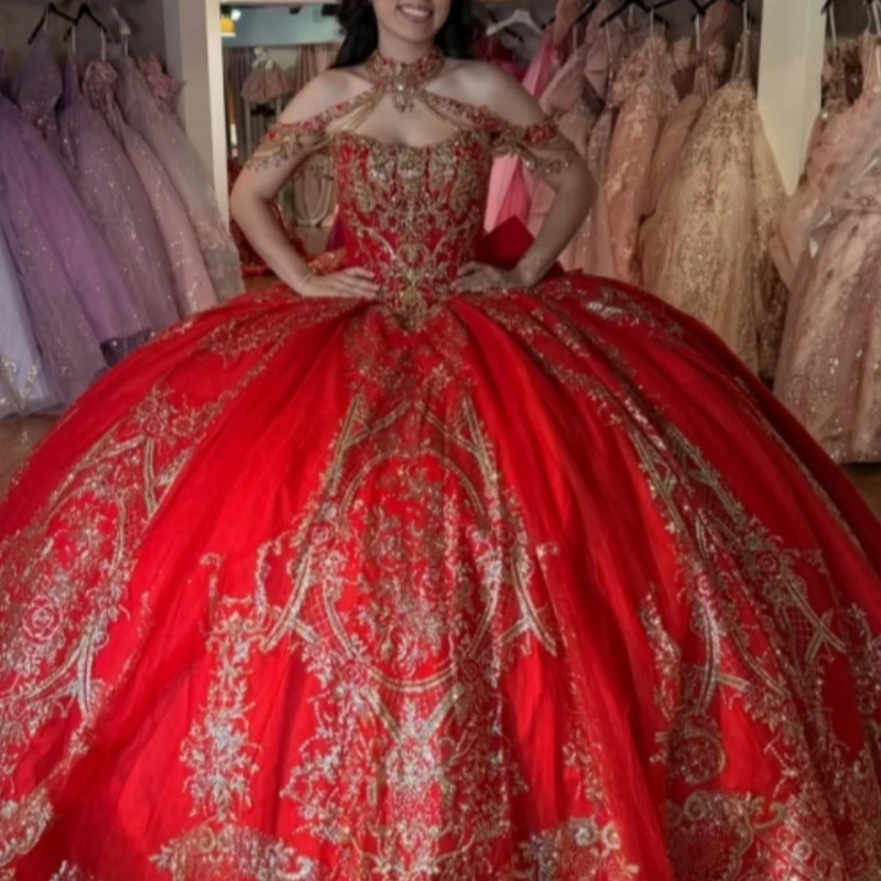 

Red Shiny Ball Gown Quinceanera Dresses Gold Applique Lace Beading Crystal Tull Corset Off The Shoulder Sweet 16 Dress vestidos