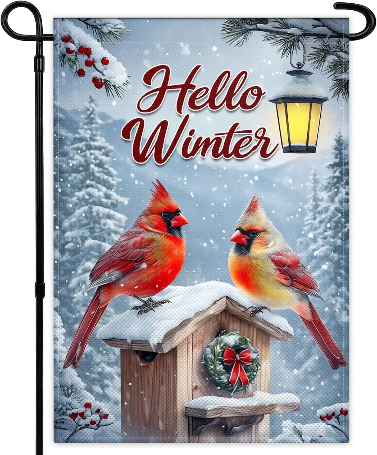 Hello Winter Cardinal Garden Flags for Outside 1218 Inch Double Sided Xmas Cardinal Garden Flags with Red Bird Pine Twigs B SSL