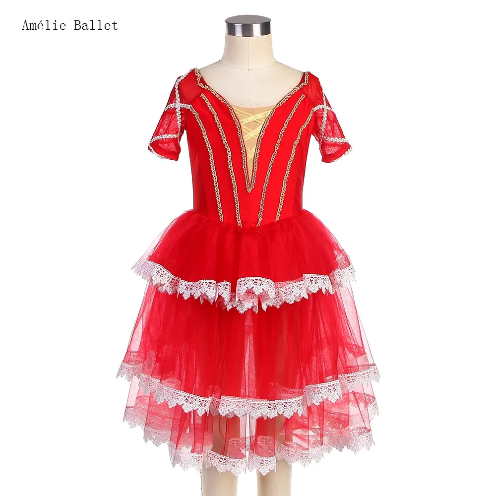 

23129 Short Sleeves Red Spandex Bodice with Gold Trim Romantic Ballet Tutu Skirt for Girls & Women Stage Performance Dance Dress