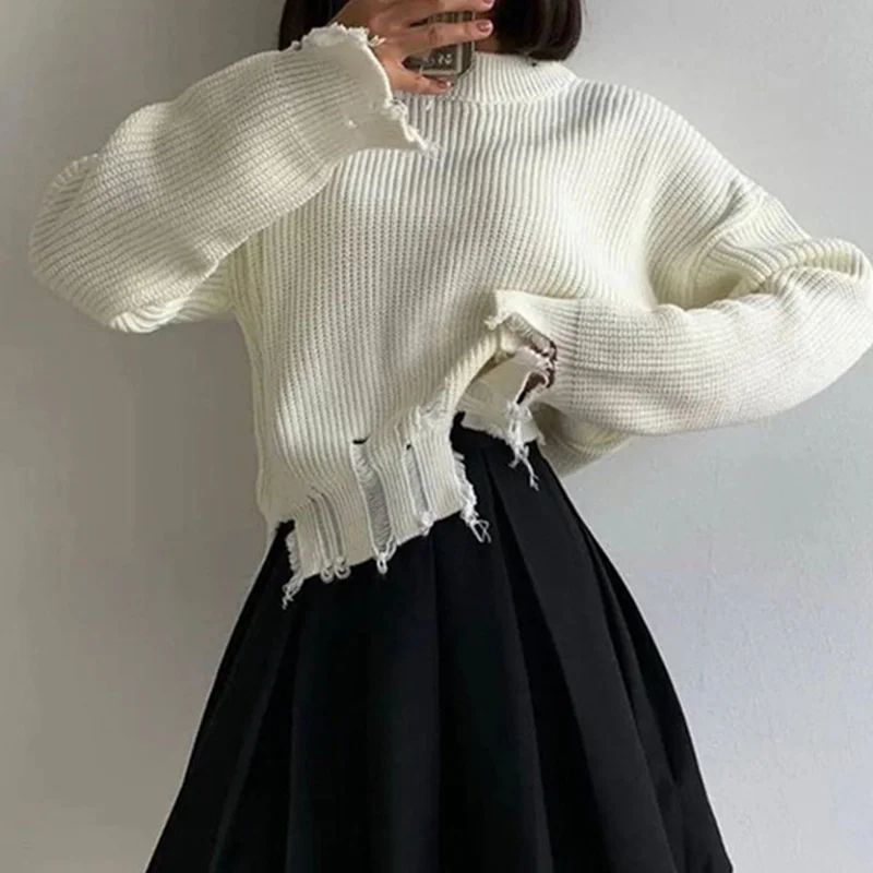 

Loose Long Sve Knitted Sweater with Hole Street Sle round Ne Pure Color Autumn Winter Women's Faion Casual Knitwear