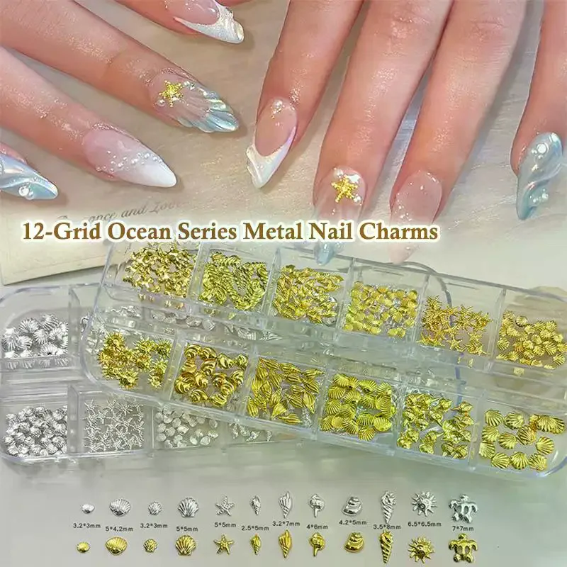 12 Grids/Box Sea Series Nail Art Rhinestones Starfish Seahorse Multi Shapes Gold Silver Metal Rivet Charms For Acrylic Nails