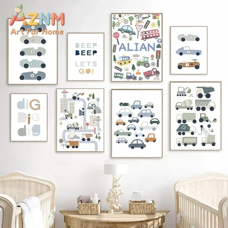 Tractor Truck Excavator Bulldozer Car Bus Name Custom Wall Art Canvas Painting Posters And Prints Wall Pictures Kids Room Decor