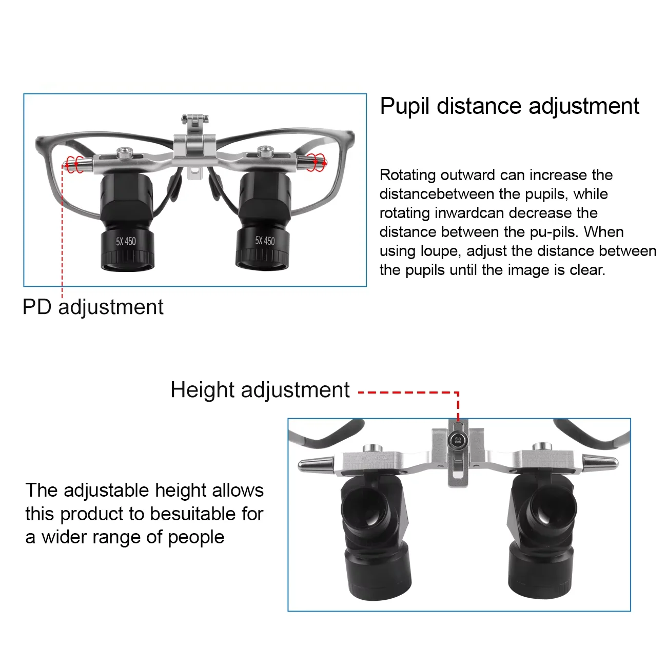 5X Dentale 48 °   Ergo Loupes Zoom Loupes Distanza di lavoro regolabile Lenti d'ingrandimento chirurgiche Strumenti di ingrandimento per odontoiatria