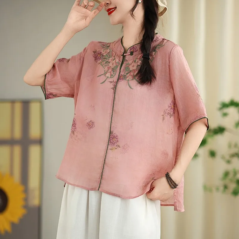 Women Summer Casual Blouses Shirts New Arrival 2024 Chinese Style Vintage Floral Embroidery Loose Female Short Sleeve Tops B3879