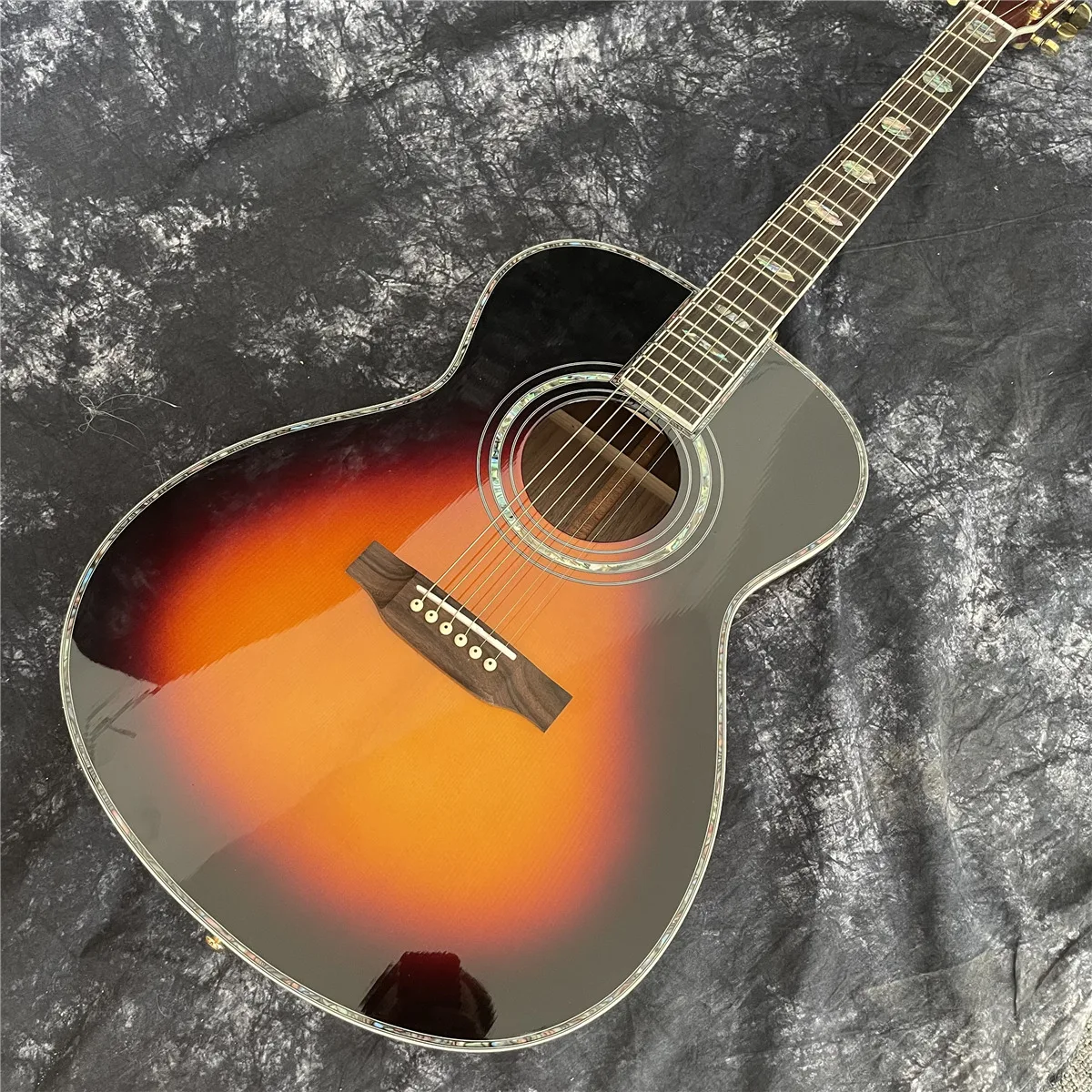 Sunburst Solid Spruce Acoustic Guitar 40 Inches OM Type 45 Model Rosewood Body Abalone Inlays Ebony Fingerboard