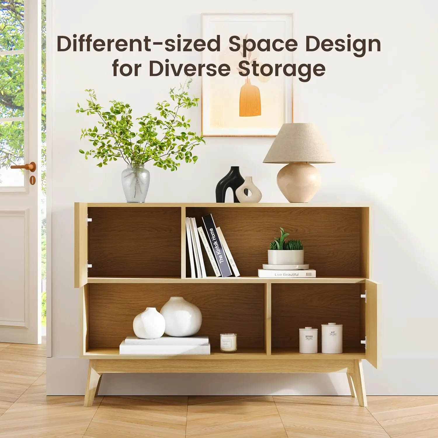 Fluted Buffet Sideboard Oak, Modern Storage Cabinet With Storage, Accent Cabinet With Solid Wood Legs, Console Table With Doors