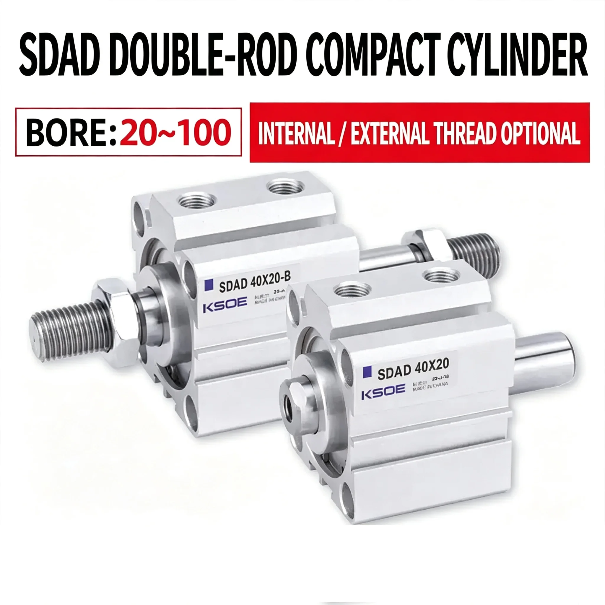 Compact Cylinder With Male Thread Rod SDAD32X50-B SDAD40X60-B SDAD63X100-B SDAD32 40 50 63mm Bore Double Rod Pneumatic Air