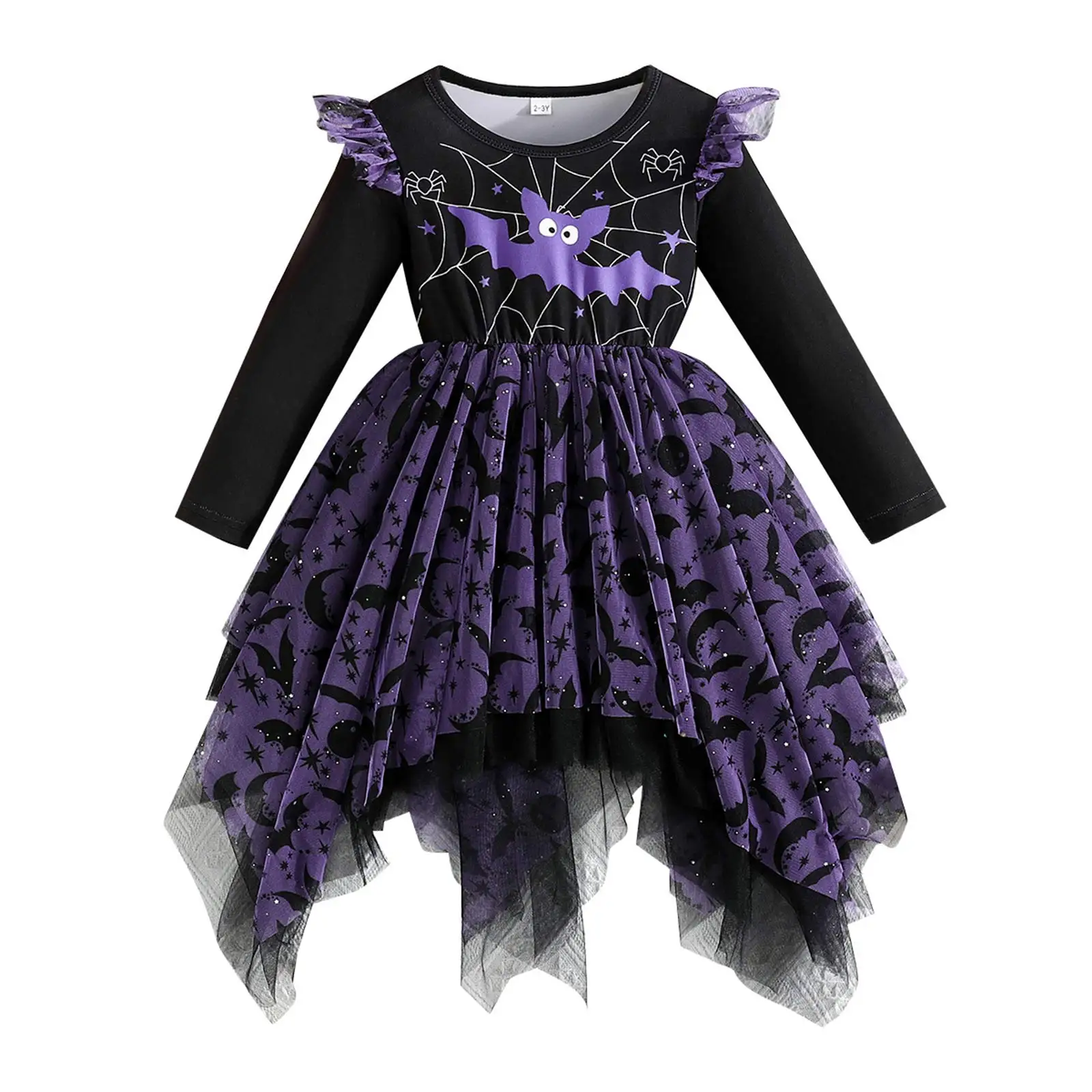 

Gothic Bat Costume Dress for Kids Girls with Lace Print And Mesh Ruffles Long Sleeve Elegant Dress for Halloween Theme Parties