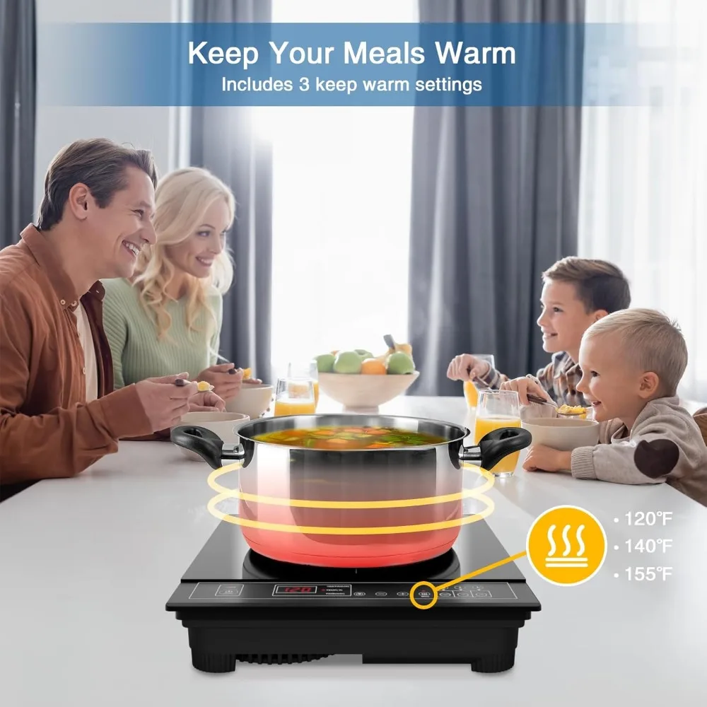 Portable Induction Cooktop 1800W Induction Burner with 12 Temp levels, 9 Power levels, Lock, 3 Hour Timer, Warm Function