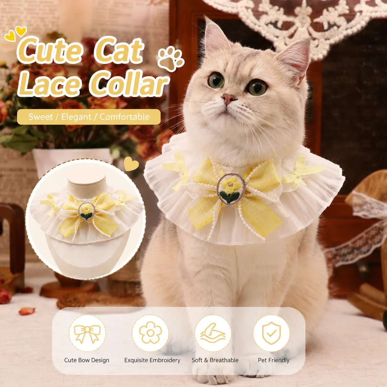 Lindo Collar de Encaje para Mascotas, Pañuelo con Lazo para Perros y Gatos, Pañuelo de Gasa con Estampado Floral de Cerezas, Babero para Cachorros, Pañuelo de Princesa para Perros Pequeños