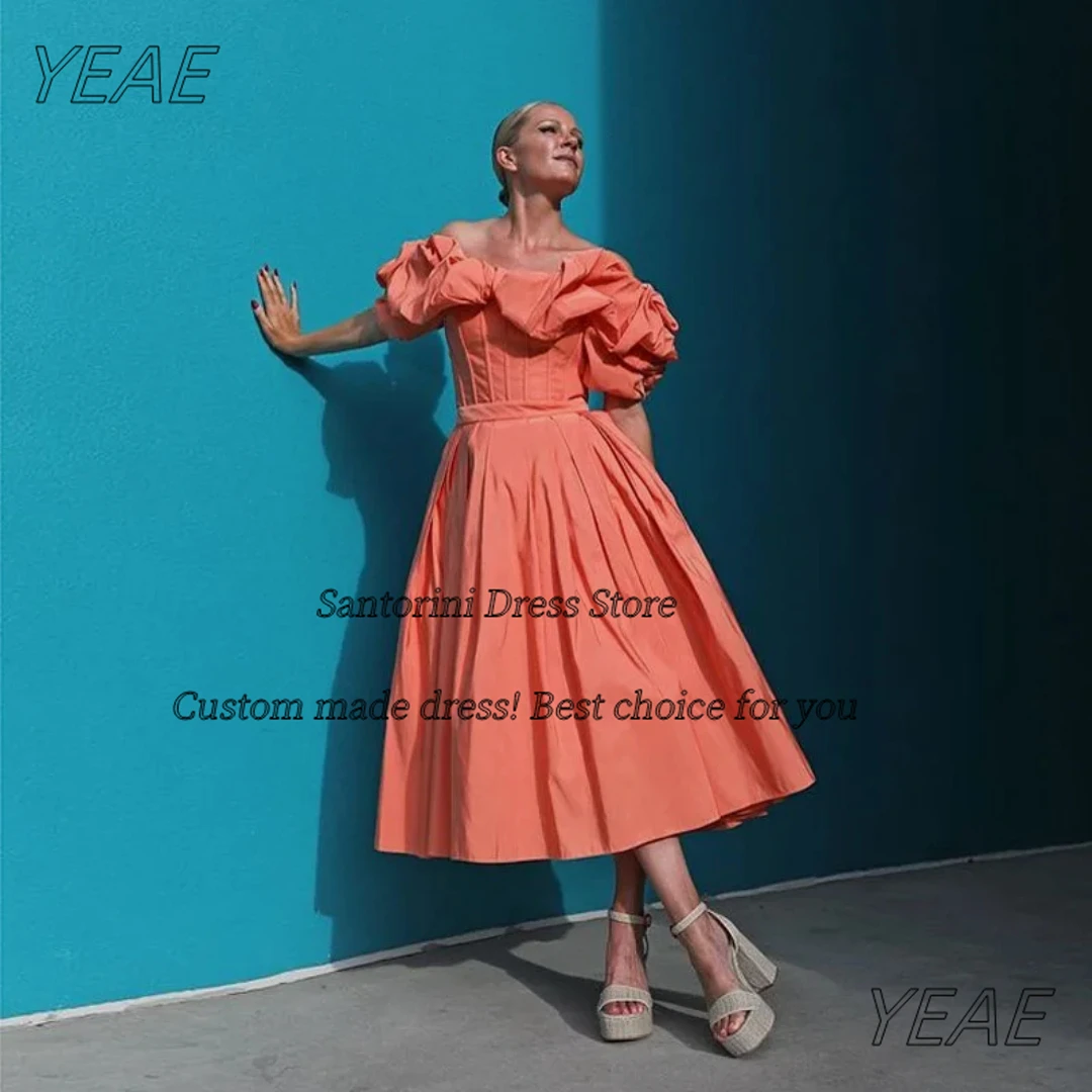 سانتوريني Ruched قبالة الكتف فساتين حفلة موسيقية قصيرة الأكمام مناسبة خاصة فستان الشاي طول فساتين الحفلات المسائية حسب الطلب #3