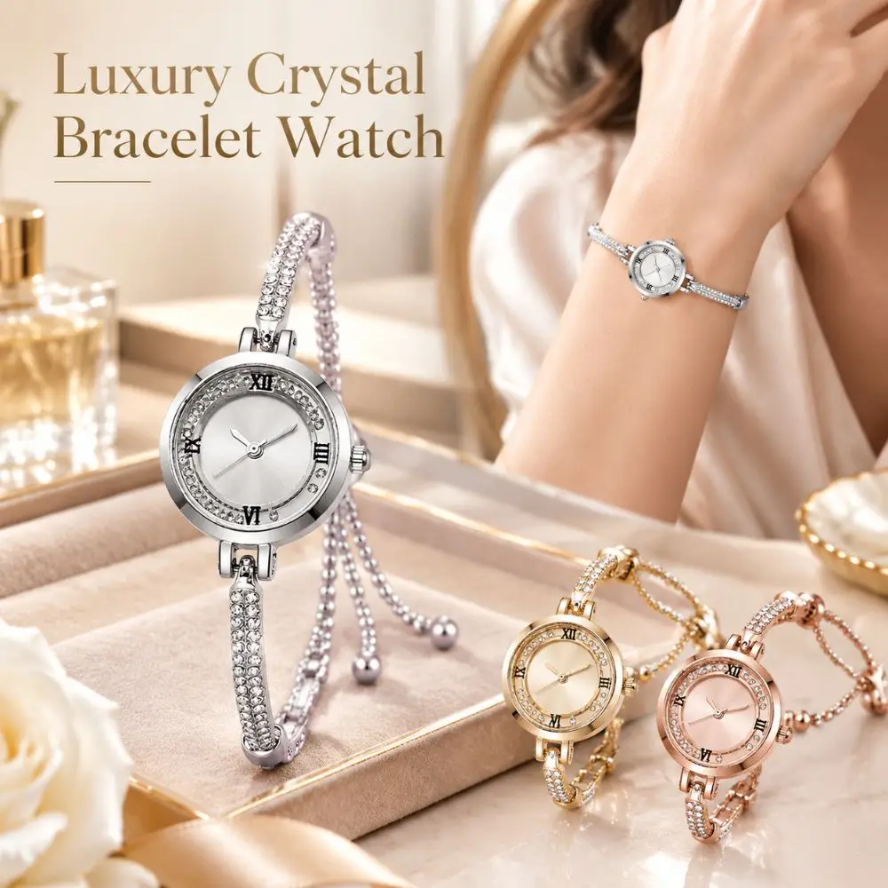 Rhinestone Quartz Watches Diamond Studded Watch Strap with Adjustable Bracelet Rotundity Shaped Watch Wrist Decoration Gift