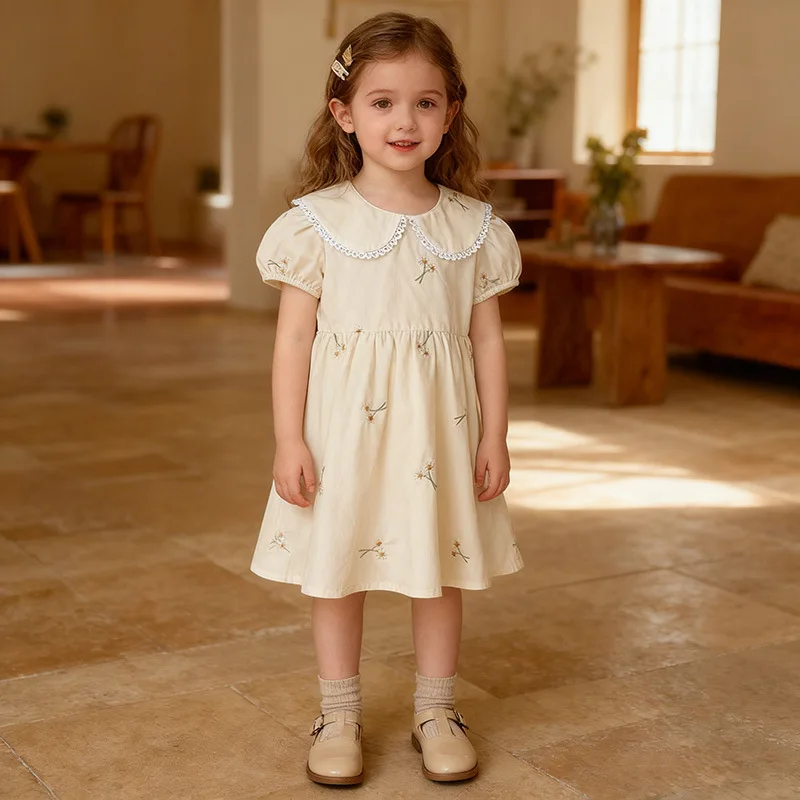 

Летнее новое платье для девочек с воротником-стойкой, вышивкой и коротким рукавом, модное цельное платье для малышек