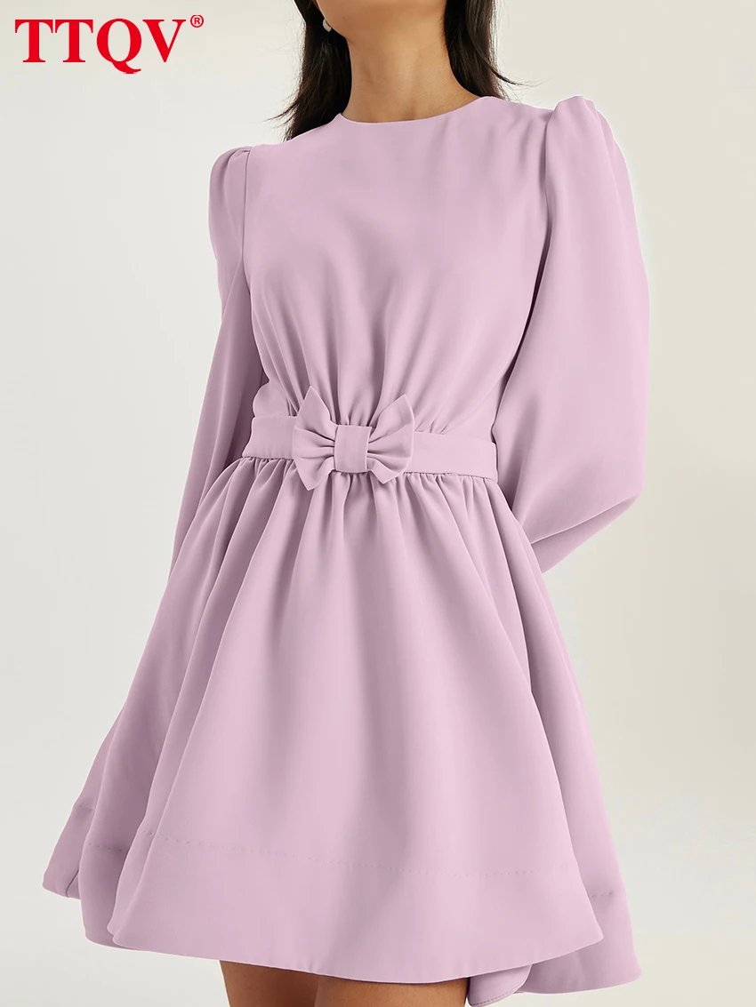 

TTQV Fashion Loose Pink Women Dress 2026 Spring O-Neck Long Sleeve Mini Dresses Elegant Classic Pleated Female Dress Streetwear