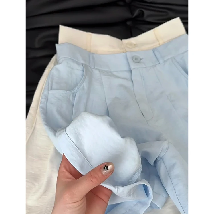 Pantalon décontracté en soie glacée bleue pour femmes, pantalon de costume fin à Texture plissée, taille haute, jambe droite, coupe ample, nouvelle collection été