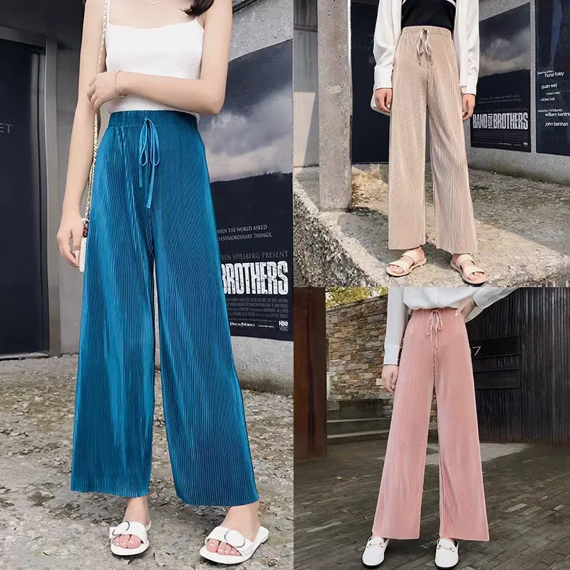 Ice Silk Wide Leg Pants Women's Summer New Elastic Waist Pleated Slimming plus Size Loose Casual Pants High Waist Asymmetric