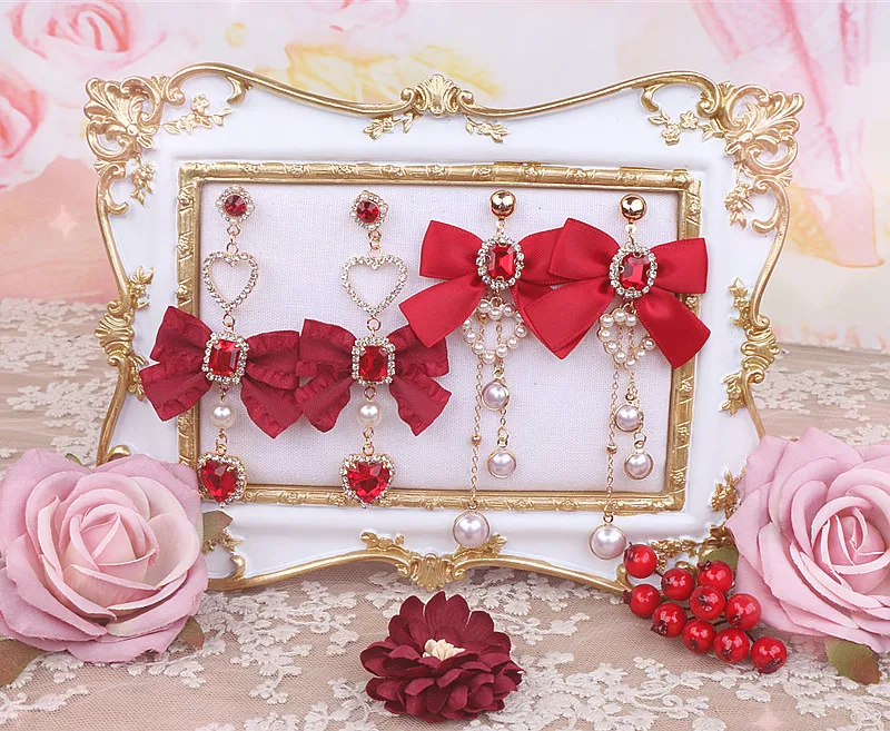 Japanese Style Girl Sweet Heart Shape Rhinestone Red Earrings Clip Customized Beaded Handmade 925 Silver Pin Earrings Ladies