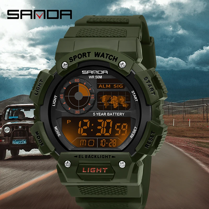 SANDA Men Electronic Watch Luminous Waterproof Multifunctional Outdoor Sports Mens Watches Military Watch Relogio Masculino 6009