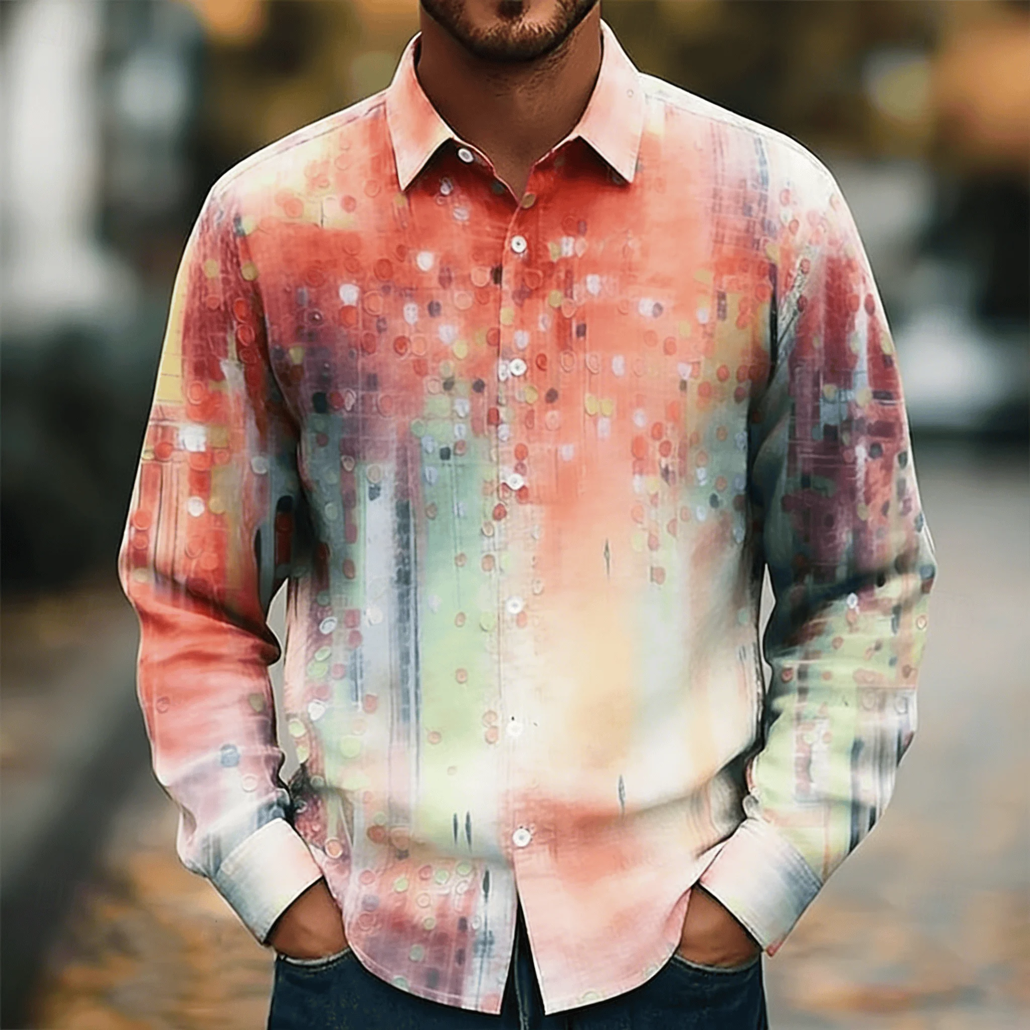 

Men's Abstract Watercolor Dot Print Lapel Shirt, Spring Summer Artistic Casual Top, Gradient Blur Design
