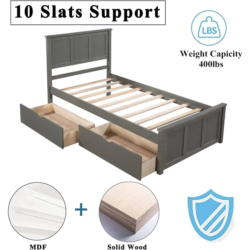 إطار سرير مزدوج بتصميمات Harper & Bright مع أدراج، سرير مزدوج بمنصة للأطفال مع مساحة تخزين، خشب متين، لا حاجة إلى صندوق زنبركي (رمادي) #5