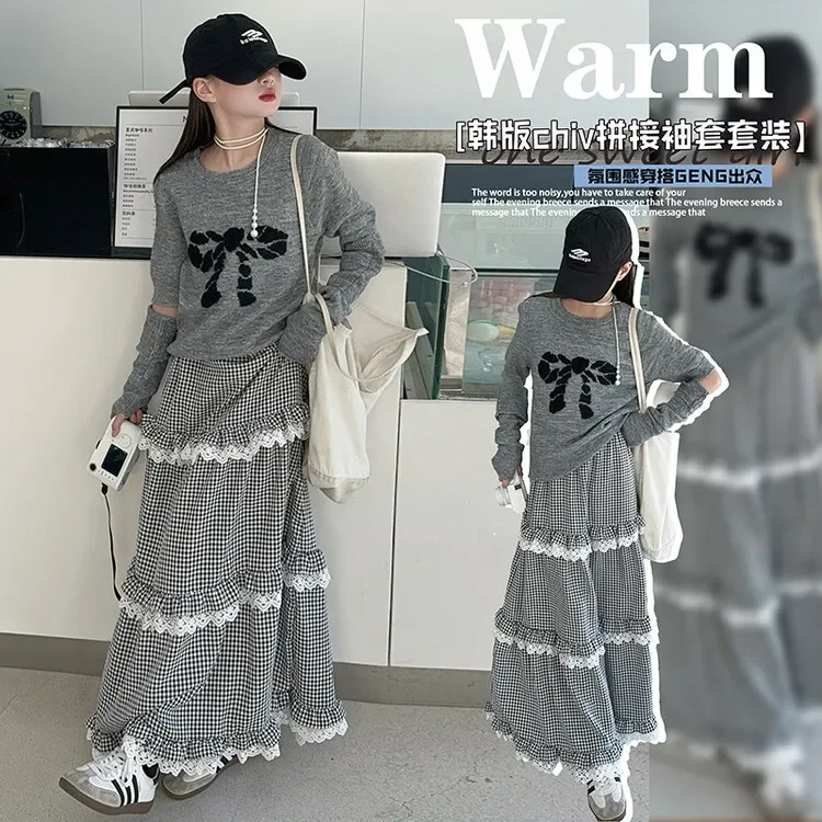 Girls' Knitted Sweater Set 2024 New Korean  Children's High Waist Lace Ruffle plaid Half Skirt Trendy