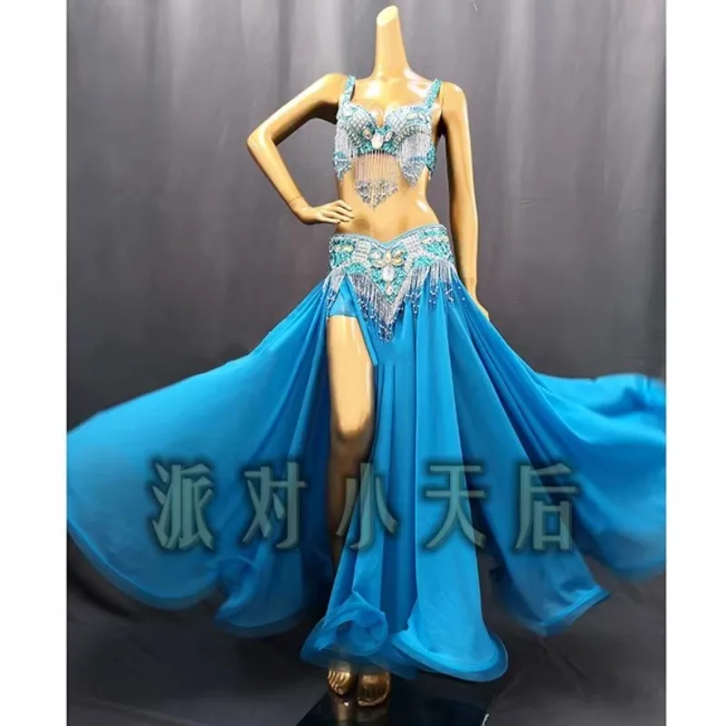 

Customized Indian Dancer 3-Piece Set with Silk Skirt Pearl Diamond Text Chest Bras Waist Skirt Belly Dance Performance Dress