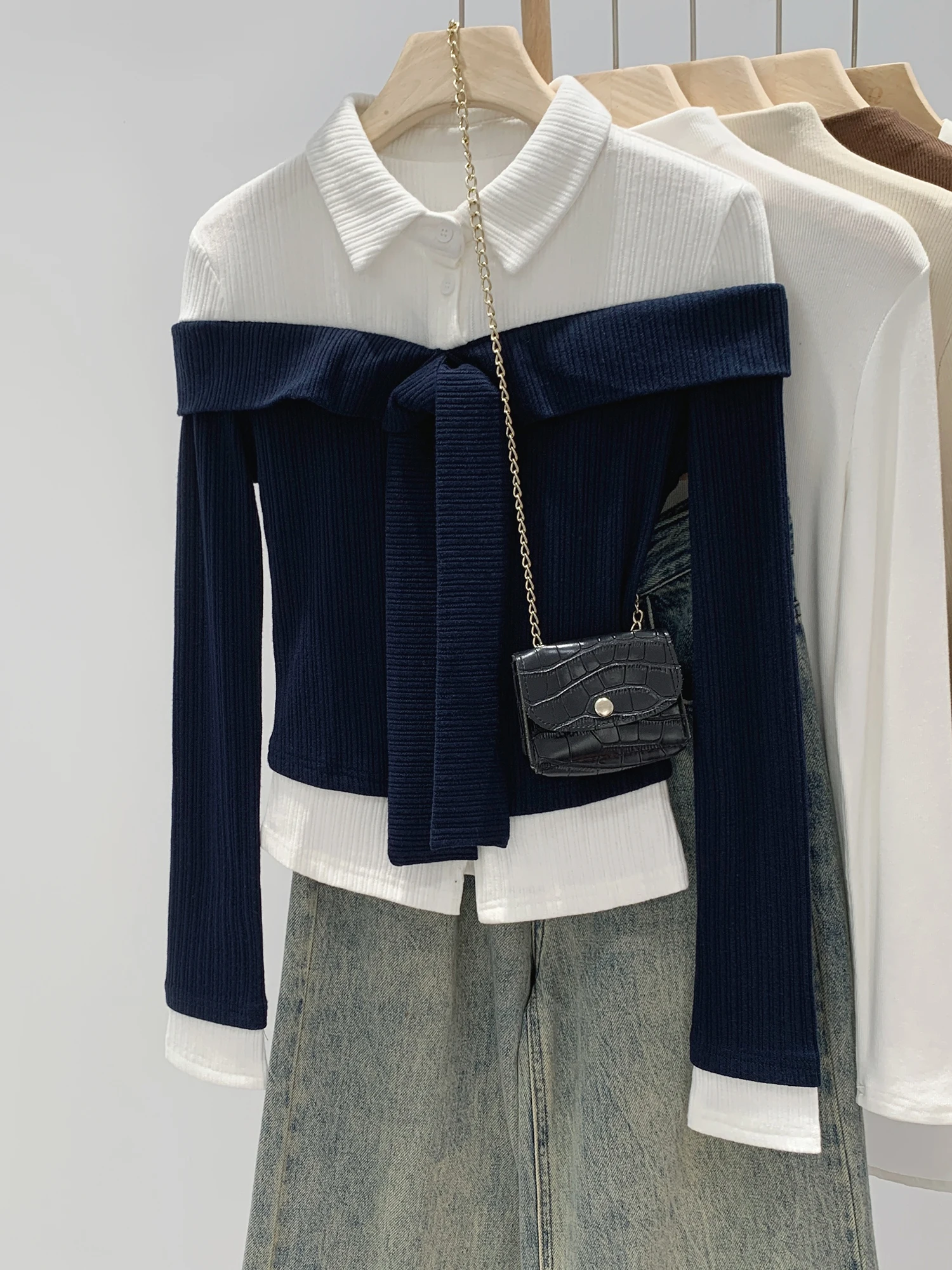  Knitted Base Shirt Women's Autumn Winter Flip-Collar Sash Inner Wear Fake Two-Piece Top Fashionable Commute Style