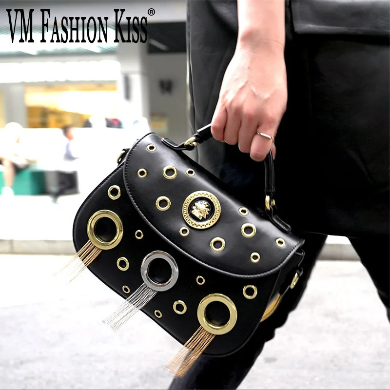 VM FASHION KISS  Punk Women's Round Hole Hollowed Out Designer Top-Handle Bags Chain Tassel Decorate Shoulder Crossbody Bag 2024