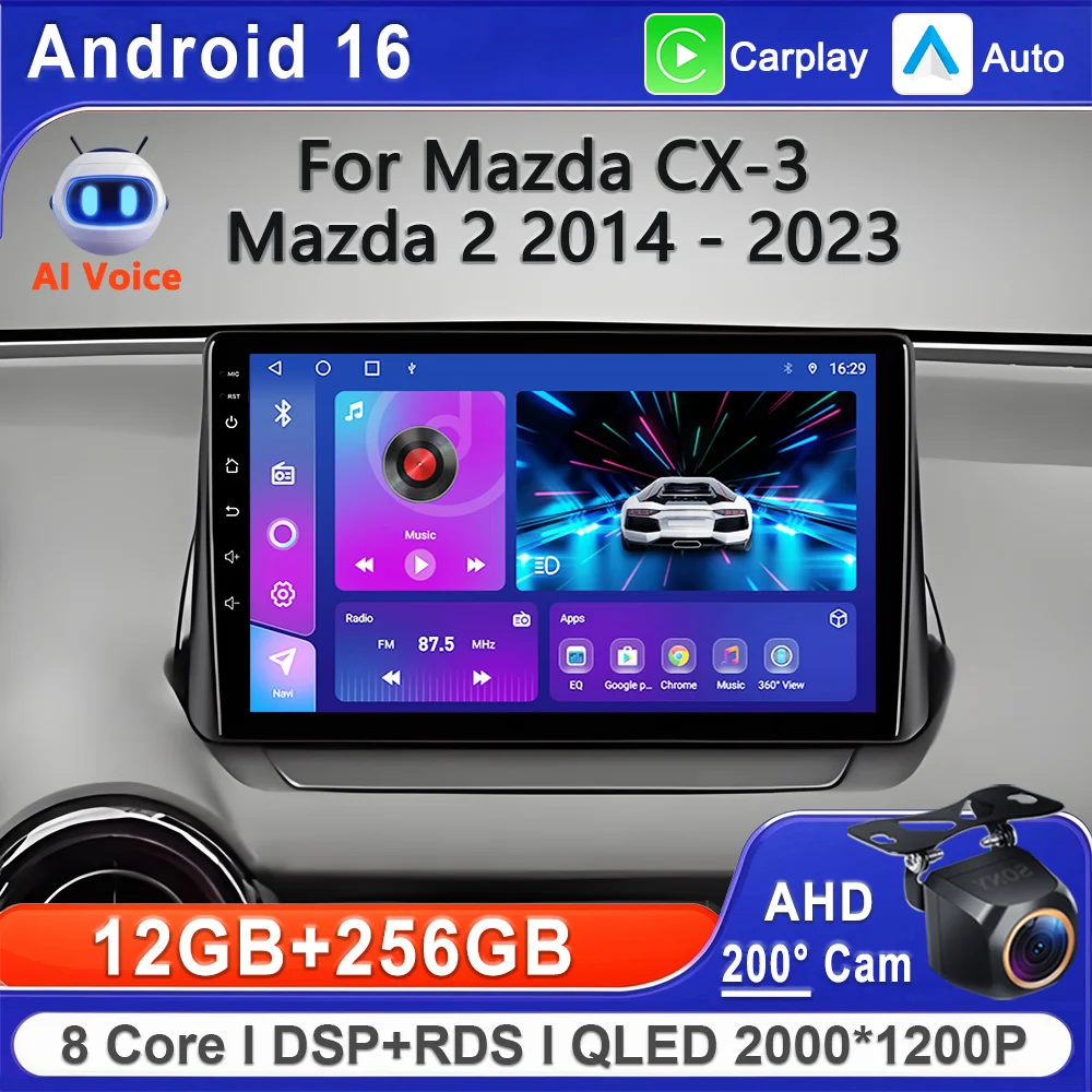 2K Screen Android 16 For Mazda CX-3 DK Mazda 2 DJ 2014 - 2023 Car Multimedia Player Stereo Carplay GPS Navigation 4G+WIFI DVD