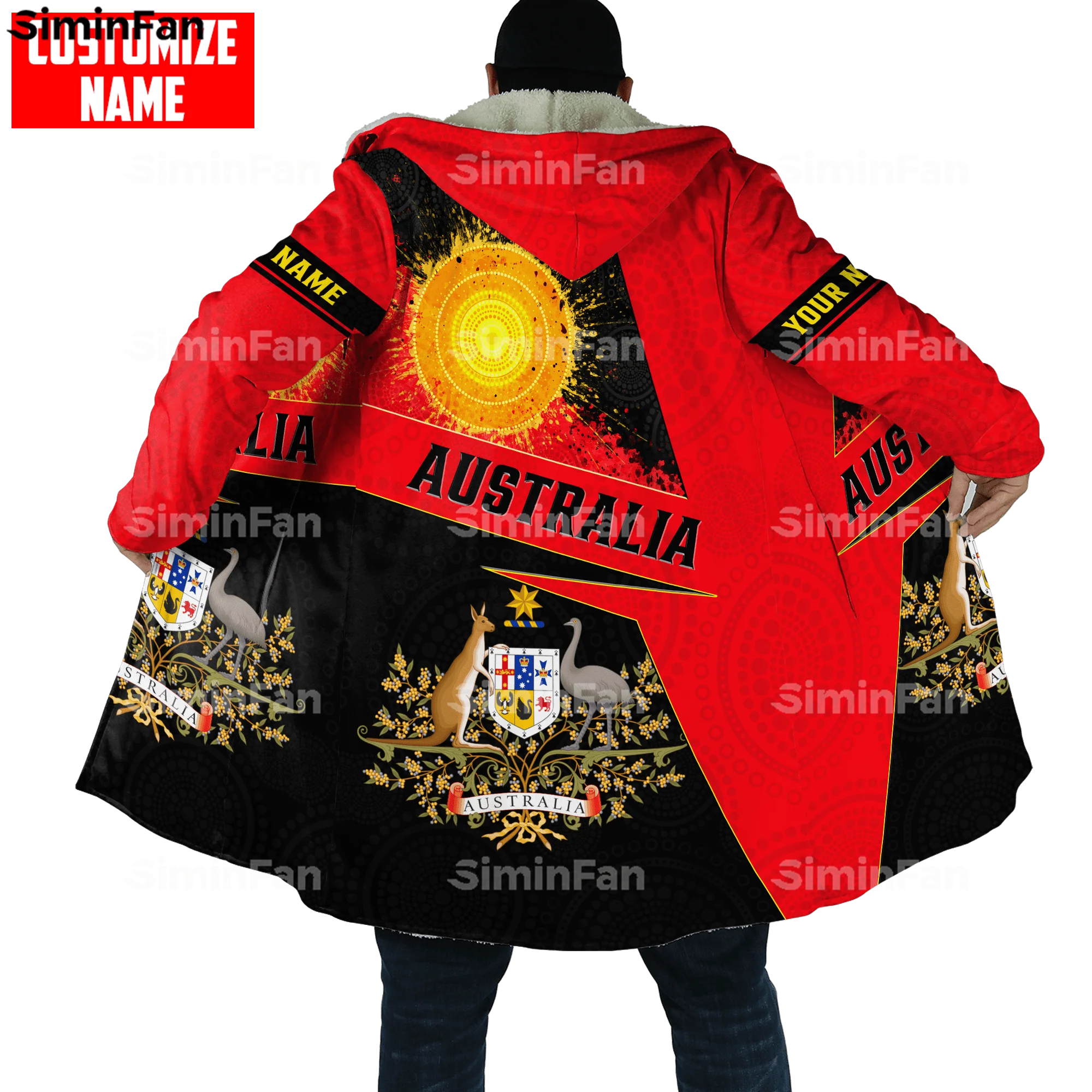 

Aboriginal Australia Kangaroo 3D Printed Thick Warm Hooded Cloak Men Windproof Fleece Cape Robe Overcoat Winter Windbreaker A1