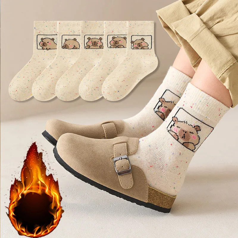 5-40Pairs Capybara Cartoon Socks Mid Calf Combed Cotton Breathable for Travel Vacation Holiday Photoshoot Matching Outfit Fall