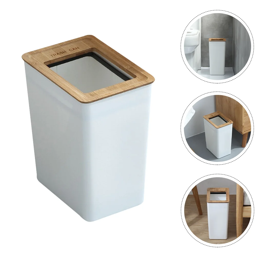 Bamboo Lid Bathroom Trash Can Car Garbage Bin Nordic Bucket Household Wooden Creative Waste Simple Pp Office Room Kitchen