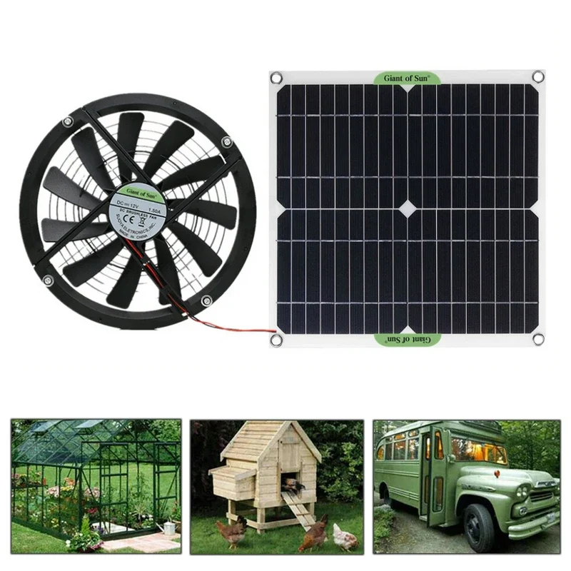 100W Solar Panel Powered Fan 10 Inch Mini Ventilator Solar Exhaust Fan For Dog Chicken House Greenhouse RV Fan Charger