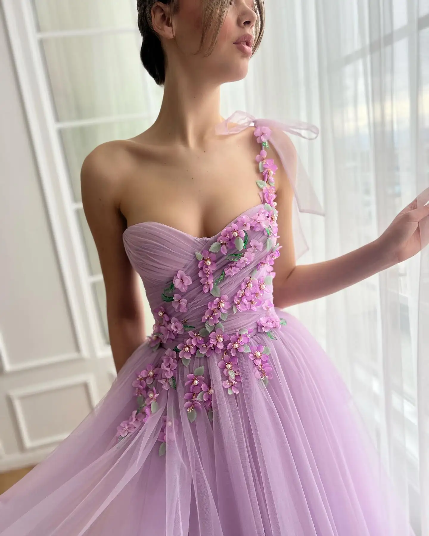 Dreamy Princess Ankle Length Lavender Tulle Formal Party Dresses Sweetheart Ruffles Prom Dress with 3D Flowers Birthday Dress