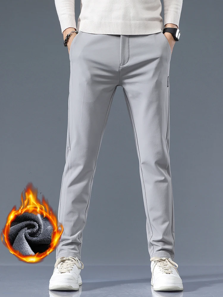 Men Winter Fleece Golf Casual Pants Stretch Business Jogger Slim Velvet Trousers Korean Elastic Waist Fashion Male Thick Pants