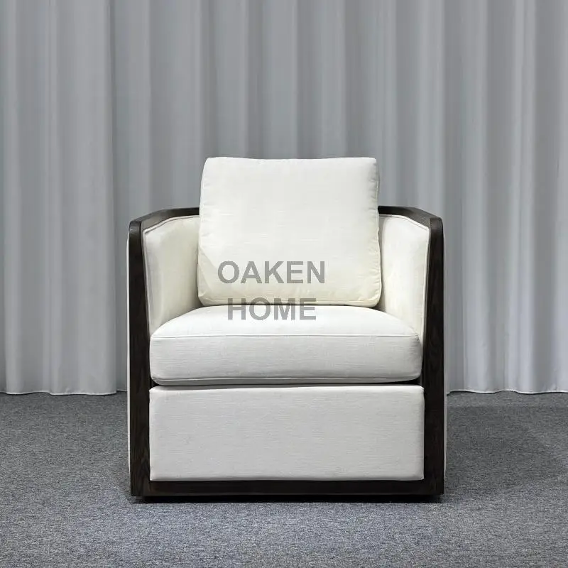 OAKEN Living Room Furniture Dark Wood Frame Linen Fabric Accent Chair Minimalist Square Arm Living Room Single Lounge Armchair