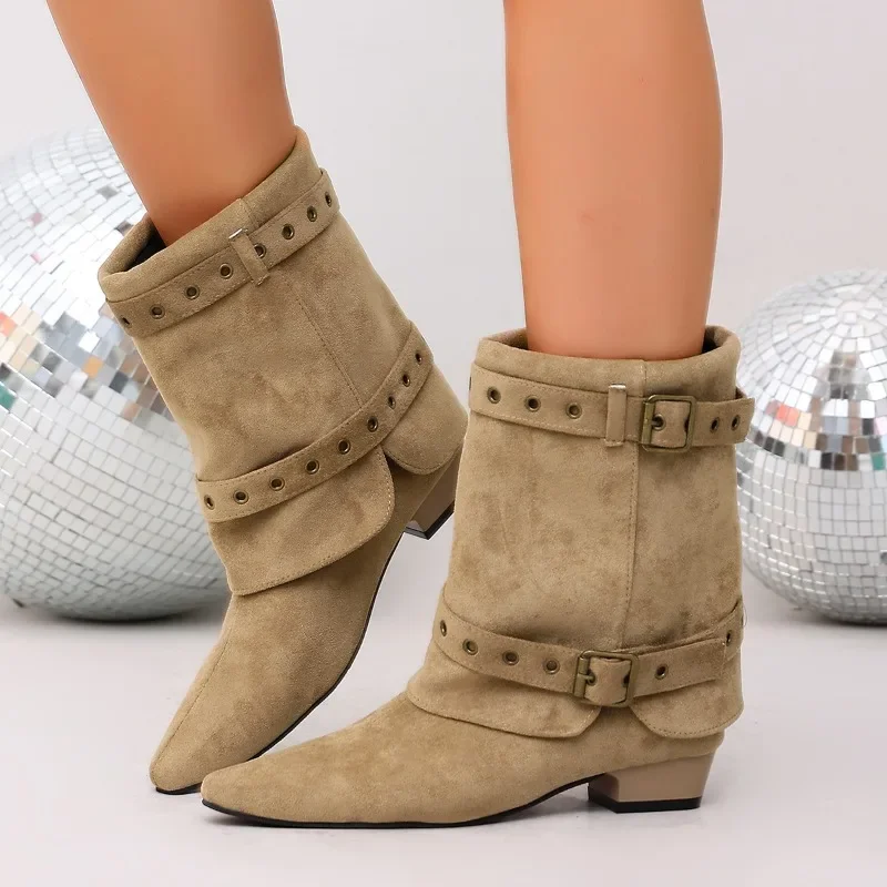 Coarse-textured Suede Pointed-toe Boot with Belt Buckle, New Style for Autumn/winter Season, Women's Short Boots