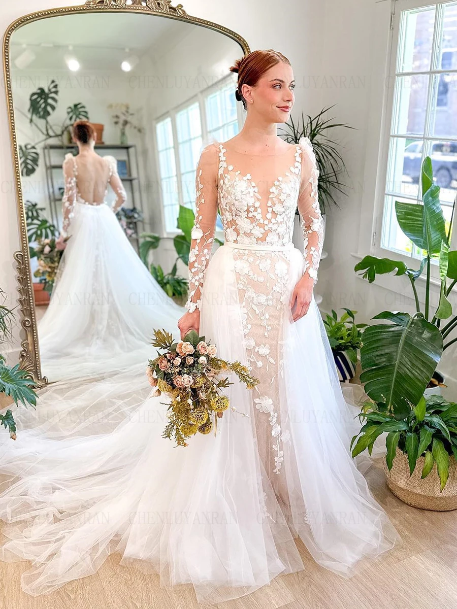 Robes de mariée sirène Boho avec poignées pour femmes, robe de mariée longue à col rond, robes en tulle appliquées, 2023