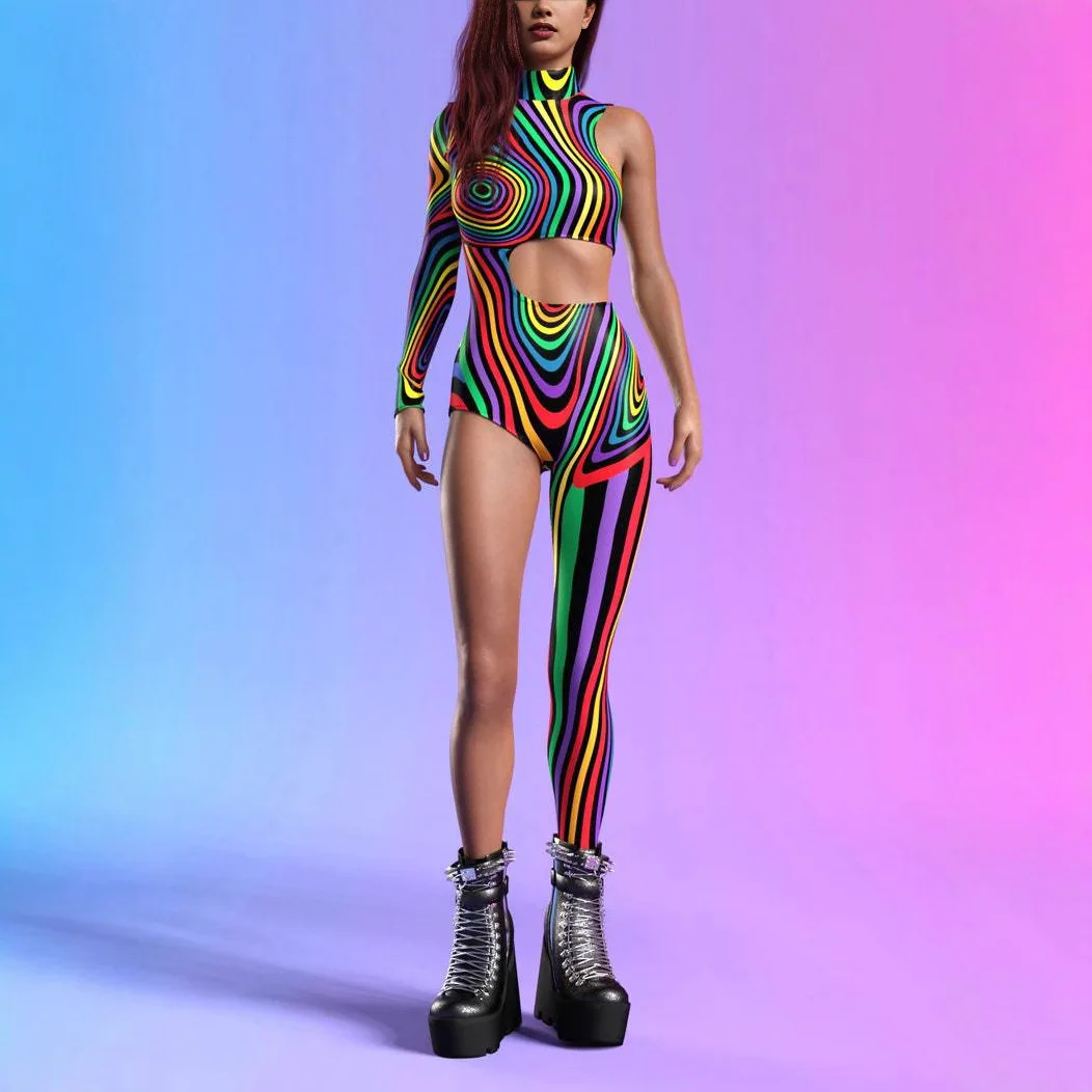 Women 3D Painted Colorful Cyberpunk Art Irregular Lines Bodysuit Holiday Party Role Play Halloween Costume Performance Tights - Image 3