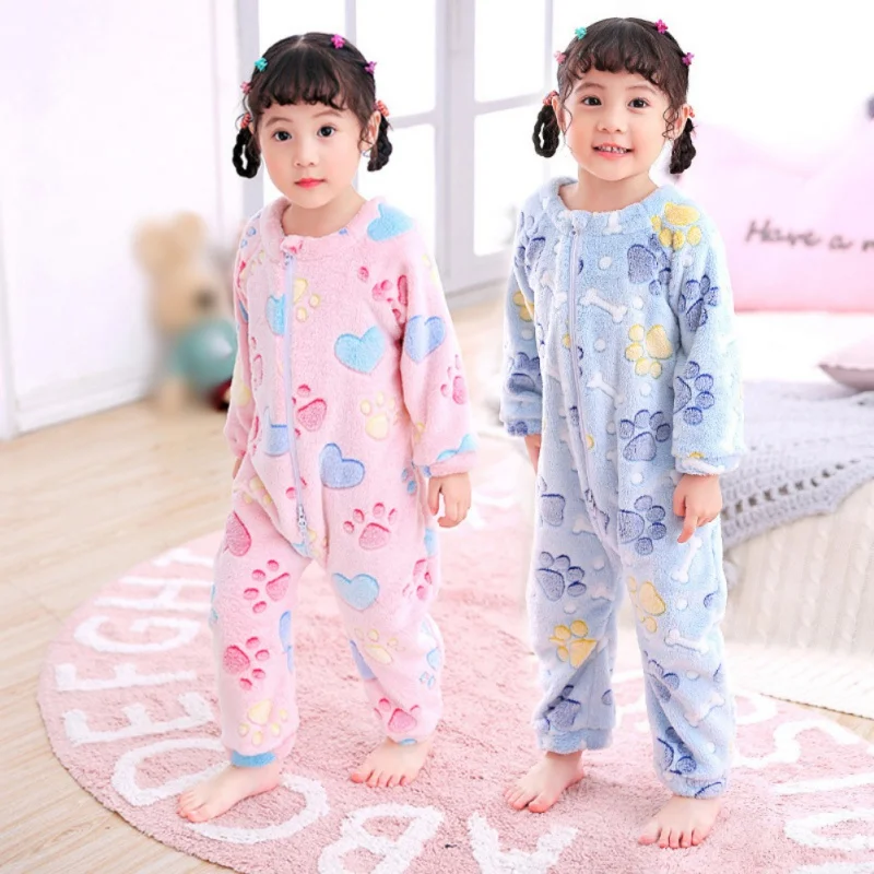 Children Plush Pajama Boy Girl Winter Flannel Childrens Pajamas Sleeping Bags Kids Cartoon Coral Fleece Warm Jumpsuits Homewear