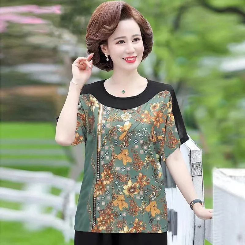 Short-sleeved T-shirt Patchwork Top Summer Women\'s Ioose New Slim Fashion Ice Silk Bottom Blouse Women