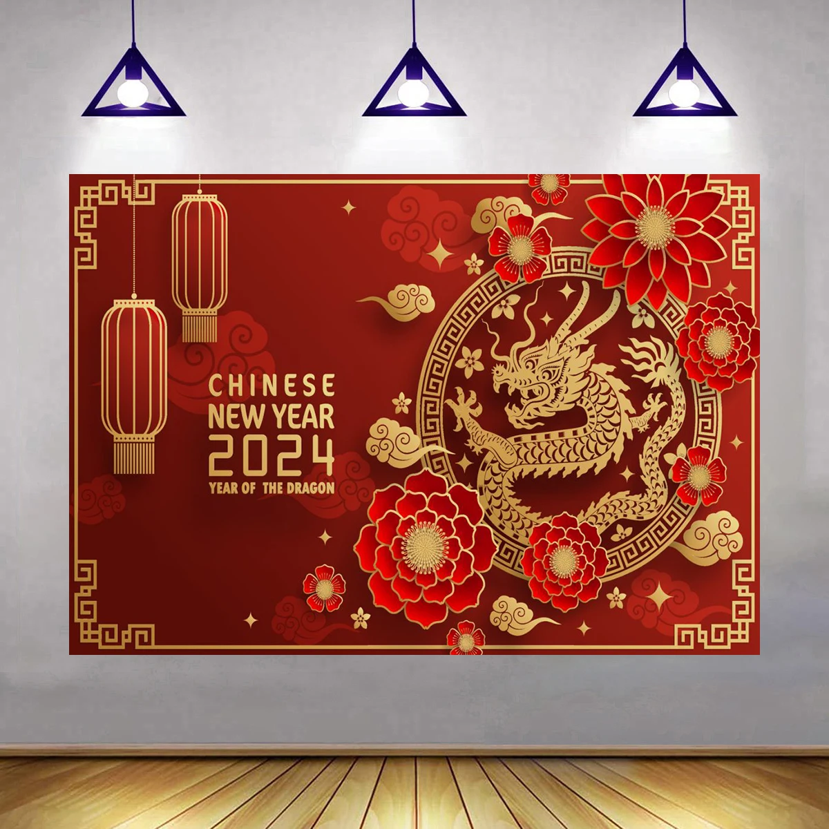 

Chinese New Year's 2024 Backdrop Lunar Year of The Dragon Spring Festival Decorations Background for Photography Red Holiday