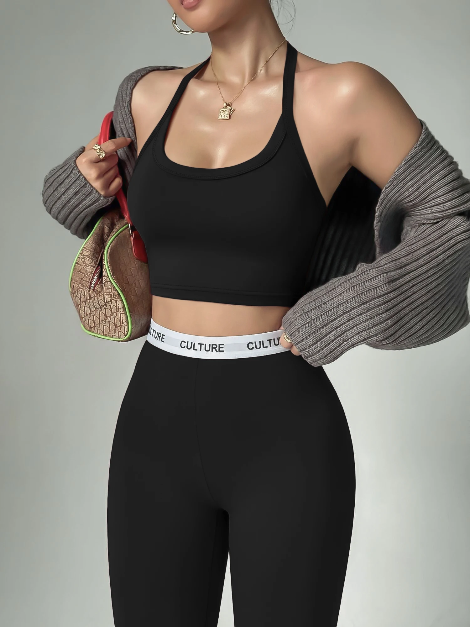 Performance Workout Outfit, Halter Cropped Tank Top, High-Rise Leggings, Spring Yoga Studio Exercise Wear